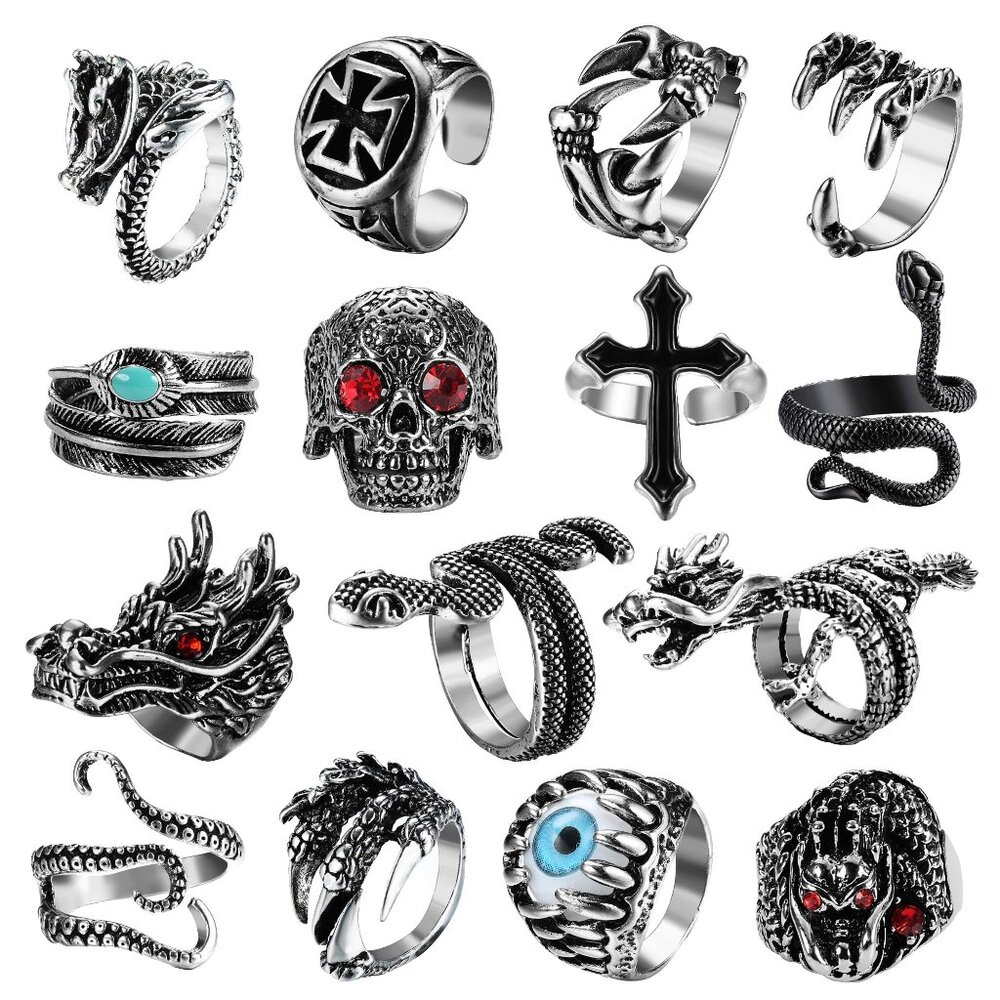 15-Piece Adjustable Alloy Punk Ring Set with Snake Dragon Skull Designs